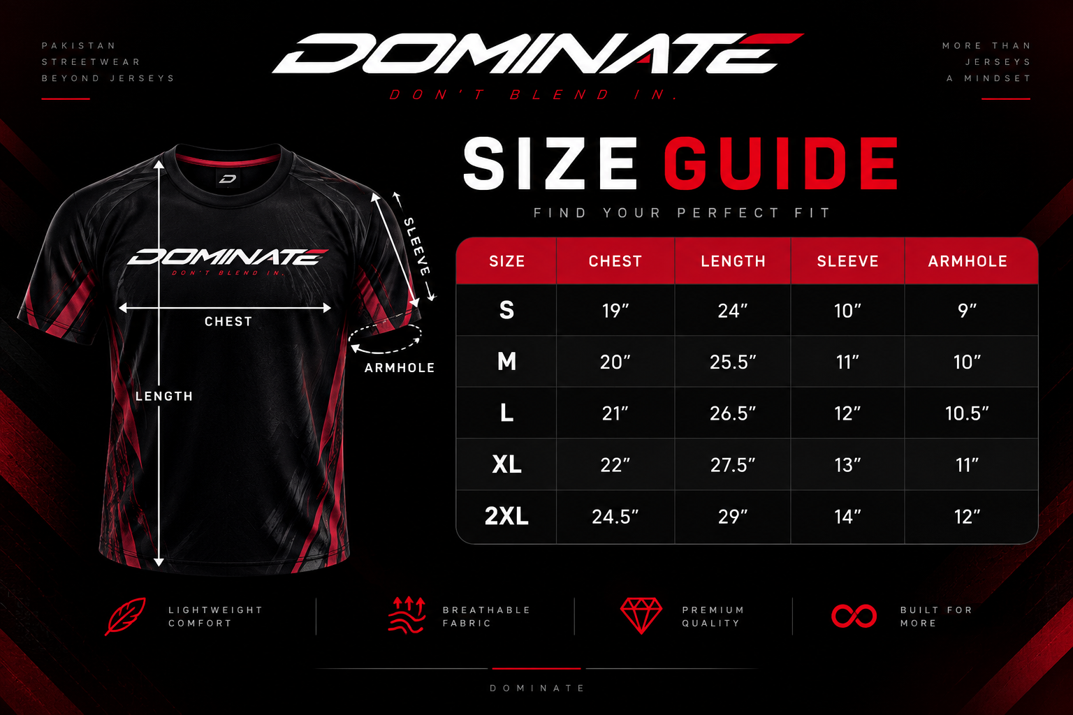 DOMINATE Official Size Guide - S M L XL 2XL measurements