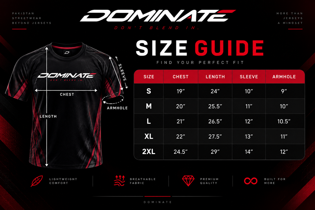 DOMINATE Official Size Guide - S M L XL 2XL measurements